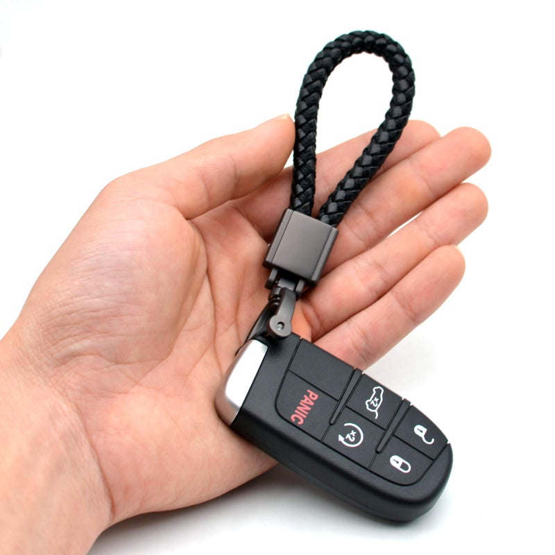 FEYOUN Universal Black Leather Car Fob Keychain Metal Keyring Woven Strap Braided Rope Key Chain for Men and Women - Matte Black Color, with 360 Degree Rotatable D-ring and Screwdriver - Image 4