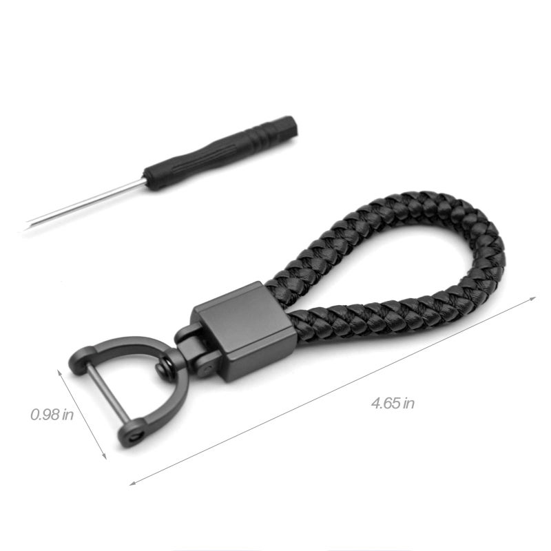 FEYOUN Universal Black Leather Car Fob Keychain Metal Keyring Woven Strap Braided Rope Key Chain for Men and Women - Matte Black Color, with 360 Degree Rotatable D-ring and Screwdriver - Image 5