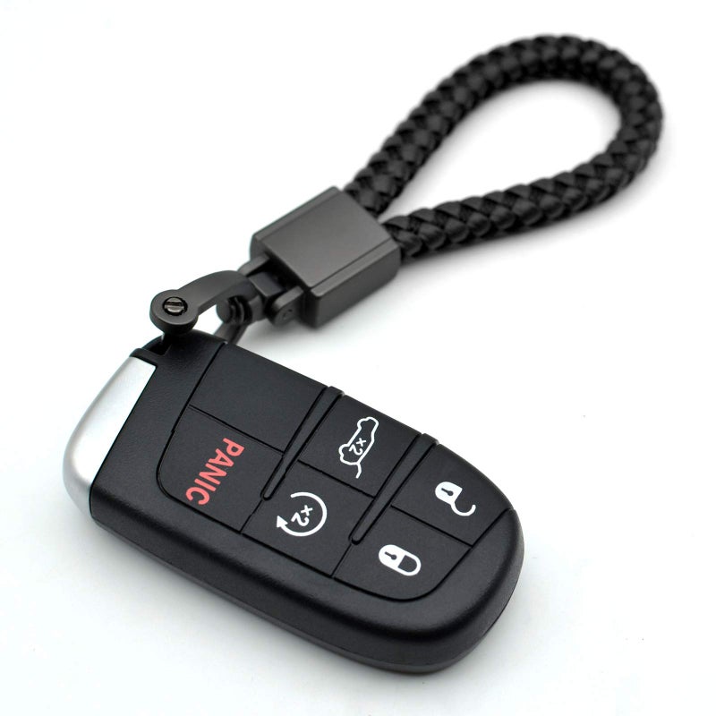 FEYOUN Universal Black Leather Car Fob Keychain Metal Keyring Woven Strap Braided Rope Key Chain for Men and Women - Matte Black Color, with 360 Degree Rotatable D-ring and Screwdriver - Image 2