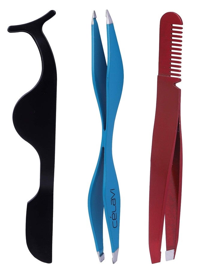 موي مجموعة MOYI™ لتطبيق الرموش الصناعية، ملقط ذو طرف مائل مع مشط للحواجب، أداة ملقط 2 في 1 ذات طرف مائل لإزالة شعر الحواجب والوجه (مجموعة من 3 قطع) - Image 1