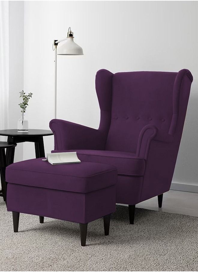 REGAL IN HOUSE 2 Pieces Chair king Velvet with Two Wings and FootStool  - Dark Purple  - Image 1