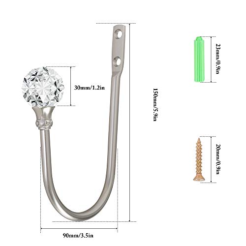 HEMOUR Curtain Holdback, 2pcs Wall Mounted Drapery Tiebacks with Clear Crystal Ball, Heavy Duty Metal Decorative Window Drapery Curtain Holder Curtain Hooks with Screws, Sliver - Image 3
