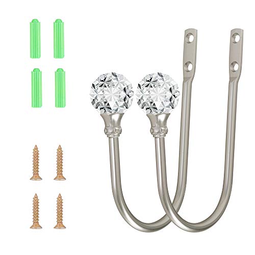 HEMOUR Curtain Holdback, 2pcs Wall Mounted Drapery Tiebacks with Clear Crystal Ball, Heavy Duty Metal Decorative Window Drapery Curtain Holder Curtain Hooks with Screws, Sliver - Image 2