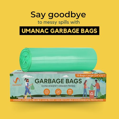 Umanac Garbage Bags - 15N | Large (24x32) | Green Trash Bags | 100% Recyclable | Heavy Duty Dustbin Bags | Leak-Proof | Odour Control | Detachable Drawstring | Pack of 3 - Image 3