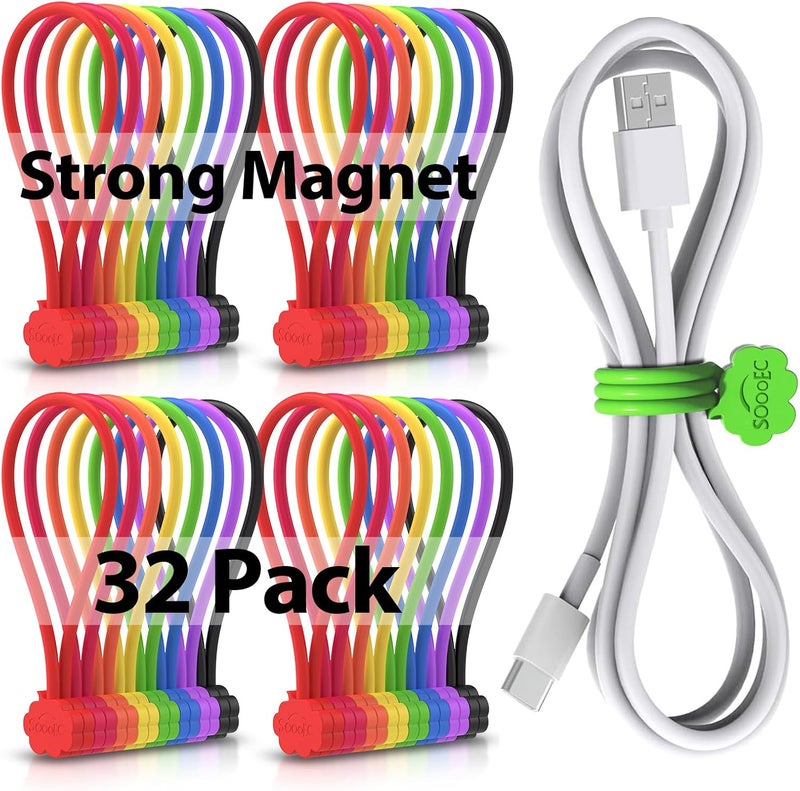 SOOoEC Snap On Magnetic Cable Ties, 32 Pack 7.2" Magnetic Cord Organizer Cute Cloud Design, Silicone Twist Ties with Strong Magnet for Bundling and Cable Management, Fridge Magnets, Assorted Colors. - Image 1