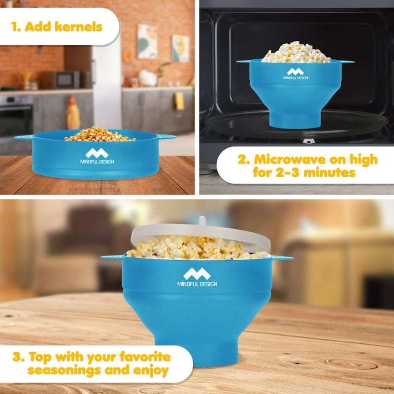 Mindful Design The Original Mindful Design Microwave Popcorn Popper - Silicone Bowl, BPA-Free & Dishwasher Safe (Light Blue) - Image 3