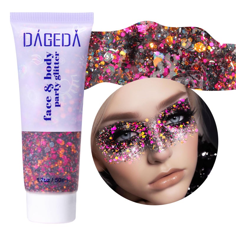 DAGEDA Halloween Black Body Glitter Gel Face Hair Glitter Body Shimmer Halloween Costume Accessories Chunky Glitters Eyeshadow Holographic Cosmetic Sequins Festival Outfits for Women 50ml