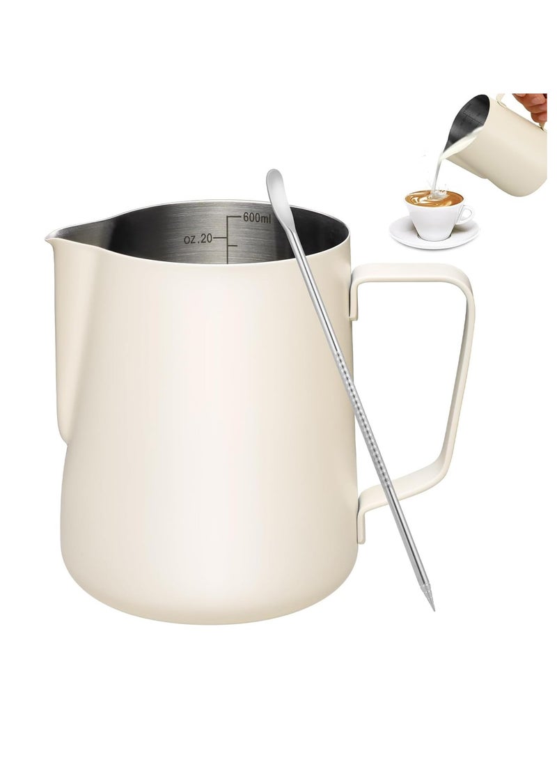 إبريق رغوة الحليب، كوب فنجان قهوة لاتيه فني، كوب رغوة حليب سميك 304 ستانلس ستيل مع دبوس سحب للكريمة والقهوة والماء والعصير والعصائر والعصائر أبيض 20 أونصة/600 مل - Image 1