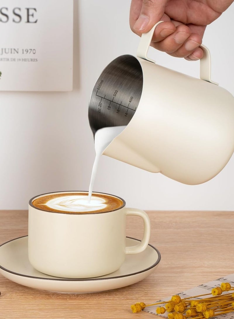 إبريق رغوة الحليب، كوب فنجان قهوة لاتيه فني، كوب رغوة حليب سميك 304 ستانلس ستيل مع دبوس سحب للكريمة والقهوة والماء والعصير والعصائر والعصائر أبيض 20 أونصة/600 مل - Image 2