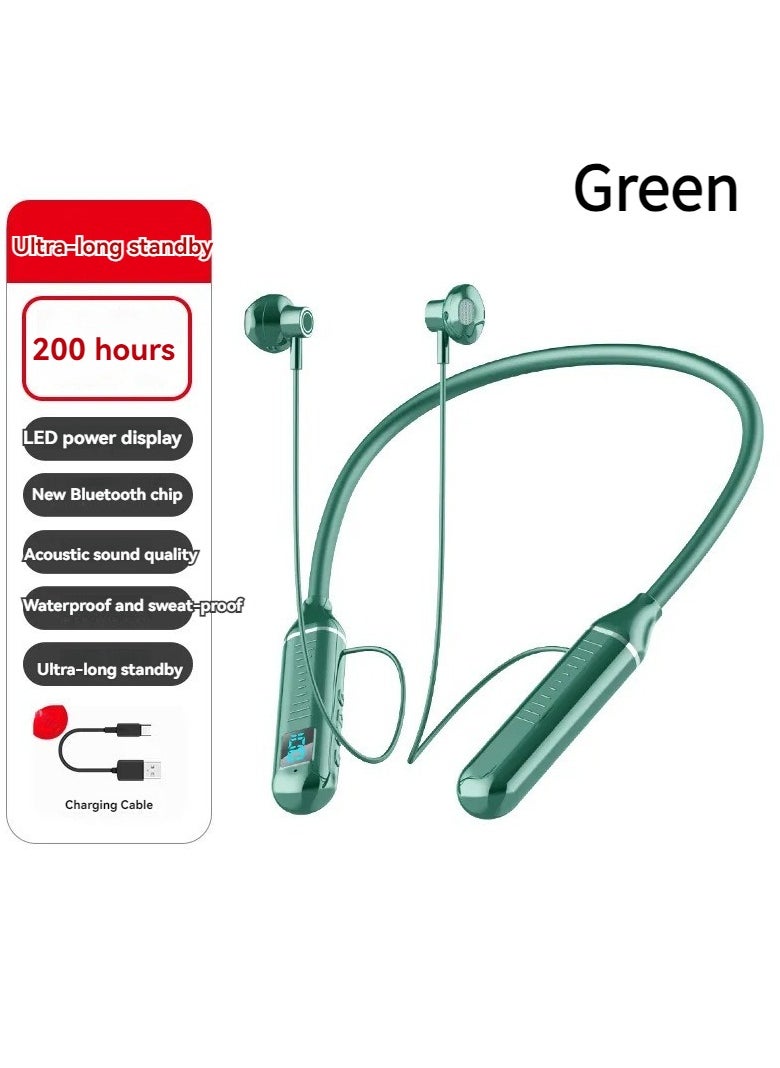 Generic Wireless bluetooth hanging neck headset digital display sports binaural in-ear neck hanging ultra long battery life bluetooth headset green  - Image 1