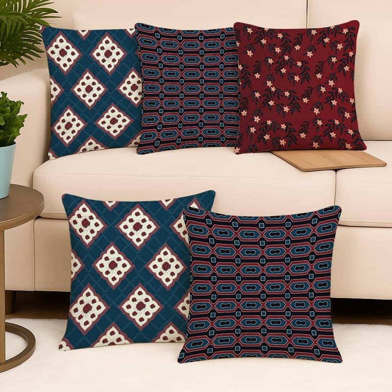 BRICK HOME Set of 5 Polycotton Printed Cushion Covers 18x18 Inches | Ethnic Geometric & Floral Pattern | Navy Blue, Maroon & Off-White | Soft Decorative Pillow Covers for Sofa, Couch & Living Room - Image 1