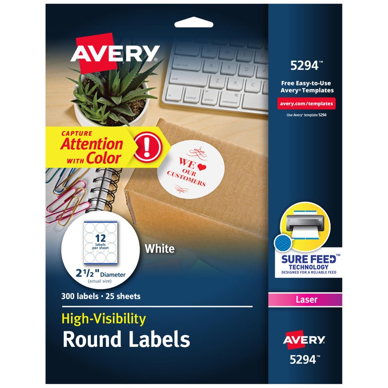 Avery Round Printable Labels, 2.5" Diameter, Matte White, Sure Feed Technology, Laser & Inkjet Compatible, 300 Blank Labels Total, Great for Branding, Packages, School Supplies, and More (5294) - Image 1