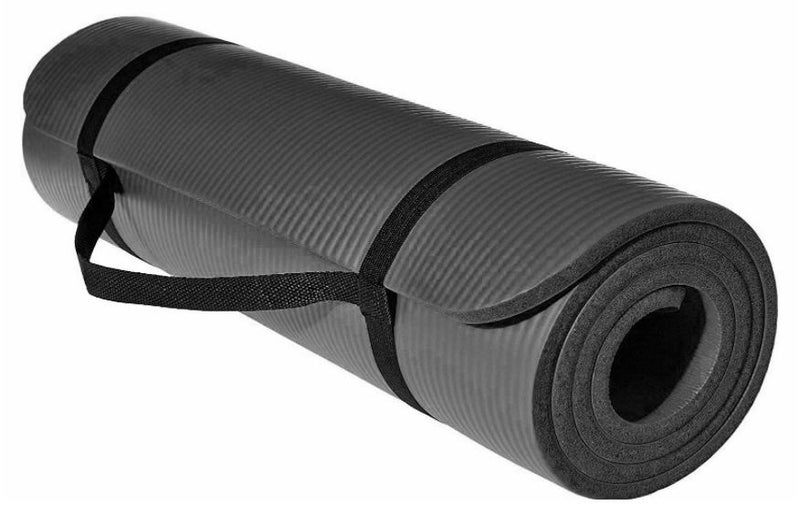 NBR Extra Thick Exercise Yoga Mat with Carrying Strap 10 mm Black - Image 1