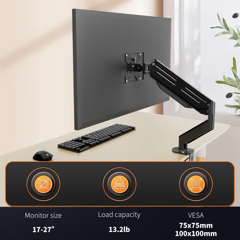 Bracwiser Single Monitor Arm, Single Monitor Desk Mount for Most 17-27 inch Screens up to 6kg with Tilt Swivel Rotation, Single Screen Stand with Clamp/Grommet Mounting Base, VESA 75/100mm (MD82) - Image 2