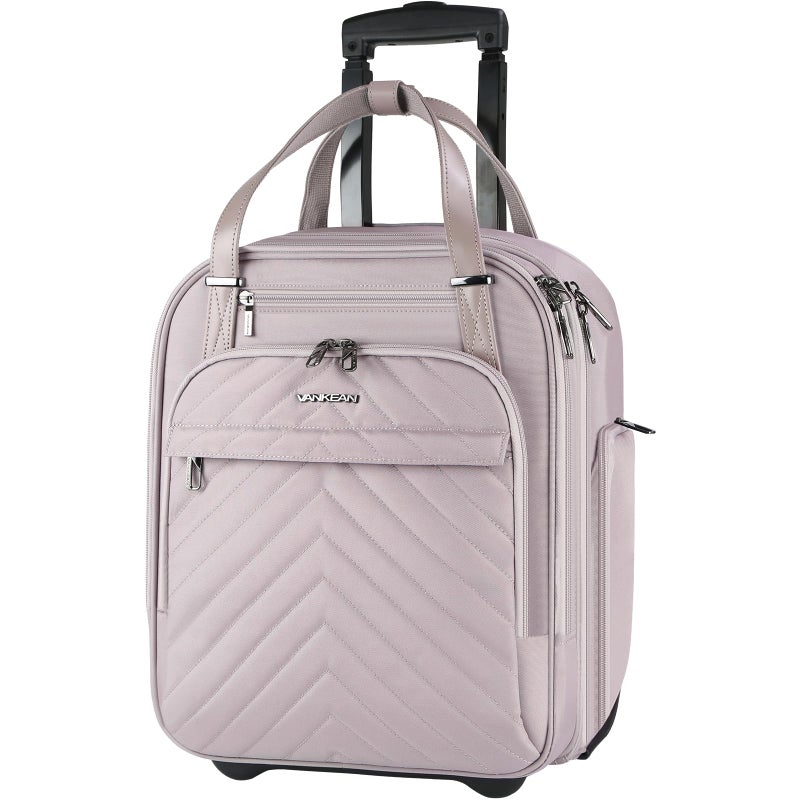 VANKEAN Carry On Underseat 16-inch Multi-functional Underseater Lightweight Overnight Suitcase with Wheels, Roller Case for Women Travel Business, Light Dusty Pink - Image 1