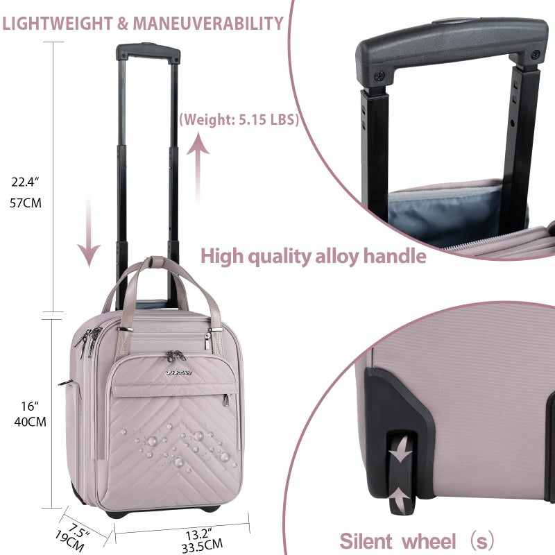VANKEAN Carry On Underseat 16-inch Multi-functional Underseater Lightweight Overnight Suitcase with Wheels, Roller Case for Women Travel Business, Light Dusty Pink - Image 3