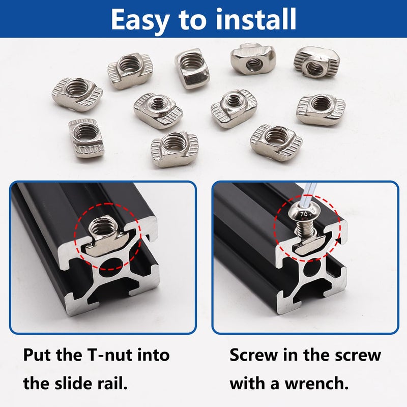 Bemaka 260PCS M3 M4 M5 T Nuts Screws Kit, T Slot Nuts Hammer Head Fastener with Nickel Plated Carbon Steel Button Head Screws for 2020 Series Aluminum Extrusion Profile - Image 4
