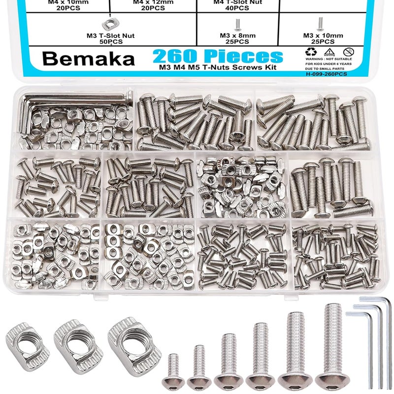 Bemaka 260PCS M3 M4 M5 T Nuts Screws Kit, T Slot Nuts Hammer Head Fastener with Nickel Plated Carbon Steel Button Head Screws for 2020 Series Aluminum Extrusion Profile - Image 1