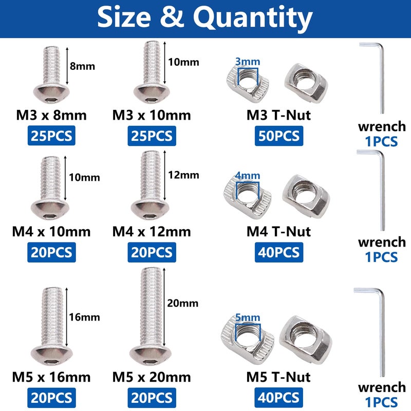 Bemaka 260PCS M3 M4 M5 T Nuts Screws Kit, T Slot Nuts Hammer Head Fastener with Nickel Plated Carbon Steel Button Head Screws for 2020 Series Aluminum Extrusion Profile - Image 2