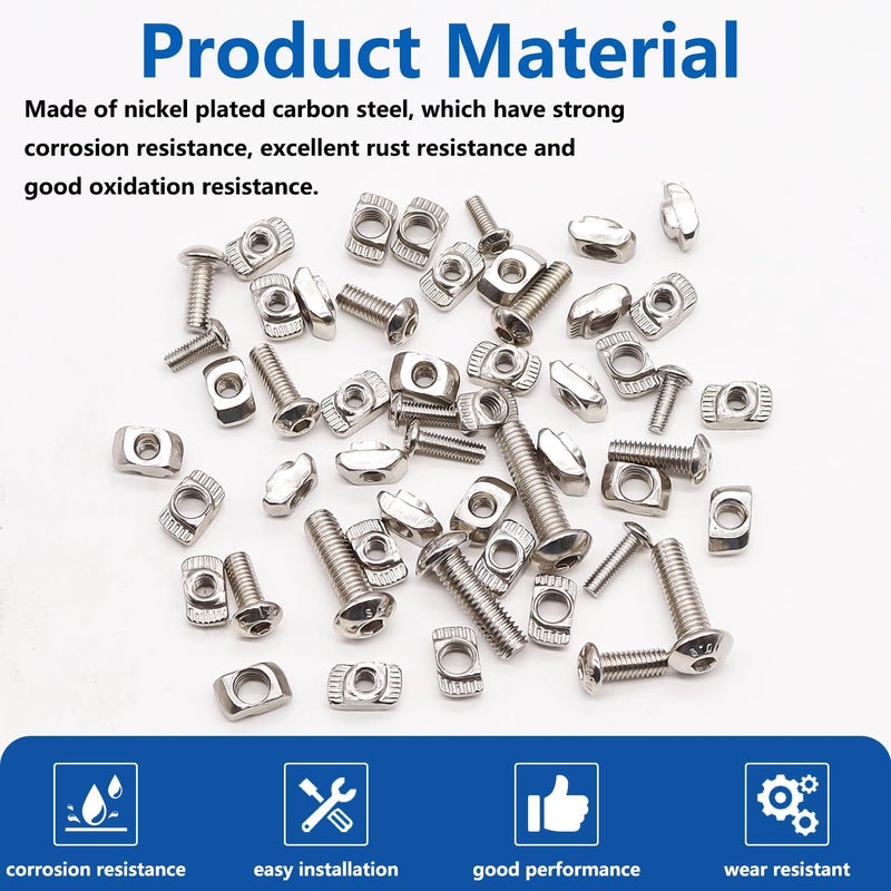 Bemaka 260PCS M3 M4 M5 T Nuts Screws Kit, T Slot Nuts Hammer Head Fastener with Nickel Plated Carbon Steel Button Head Screws for 2020 Series Aluminum Extrusion Profile - Image 3