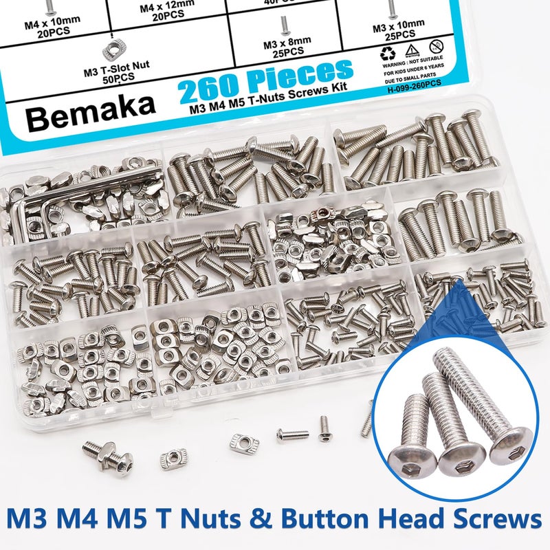 Bemaka 260PCS M3 M4 M5 T Nuts Screws Kit, T Slot Nuts Hammer Head Fastener with Nickel Plated Carbon Steel Button Head Screws for 2020 Series Aluminum Extrusion Profile - Image 5
