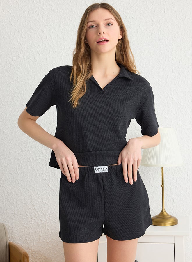 trendyol Anthracite Slogan Label Detailed Waffle Fabric Knitted Pajama Set THMSS25PT00072 - Image 2