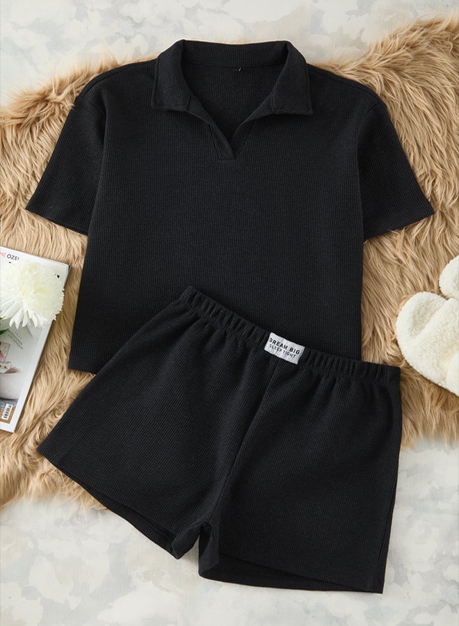 trendyol Anthracite Slogan Label Detailed Waffle Fabric Knitted Pajama Set THMSS25PT00072 - Image 5