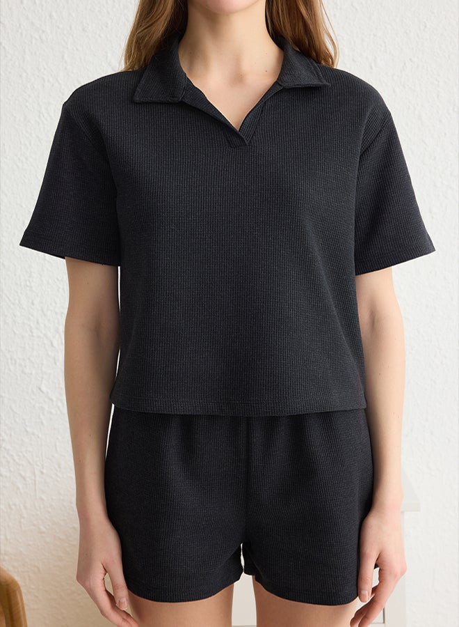 trendyol Anthracite Slogan Label Detailed Waffle Fabric Knitted Pajama Set THMSS25PT00072 - Image 3