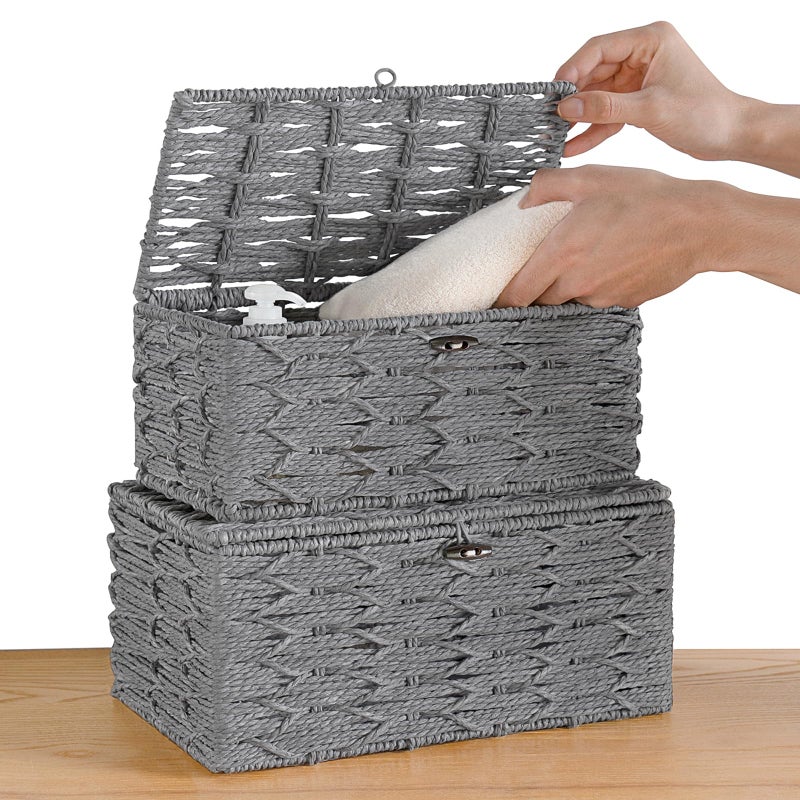 Mkono Storage Baskets Bin with Lid Decorative Paper Rope Handwoven Basket Organizer for Shelves Wardrobe Toilet Tank Top, Rectangular Wicker Home Decor Box for Bedroom Living Room, Set of 2, Grey - Image 5