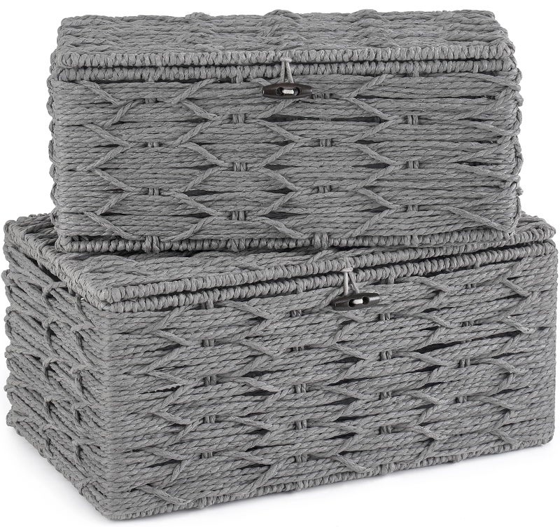 Mkono Storage Baskets Bin with Lid Decorative Paper Rope Handwoven Basket Organizer for Shelves Wardrobe Toilet Tank Top, Rectangular Wicker Home Decor Box for Bedroom Living Room, Set of 2, Grey - Image 1