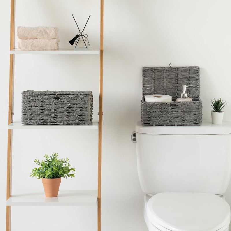Mkono Storage Baskets Bin with Lid Decorative Paper Rope Handwoven Basket Organizer for Shelves Wardrobe Toilet Tank Top, Rectangular Wicker Home Decor Box for Bedroom Living Room, Set of 2, Grey - Image 3