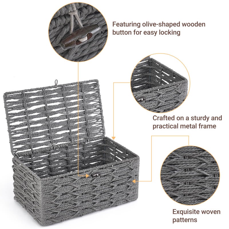 Mkono Storage Baskets Bin with Lid Decorative Paper Rope Handwoven Basket Organizer for Shelves Wardrobe Toilet Tank Top, Rectangular Wicker Home Decor Box for Bedroom Living Room, Set of 2, Grey - Image 4