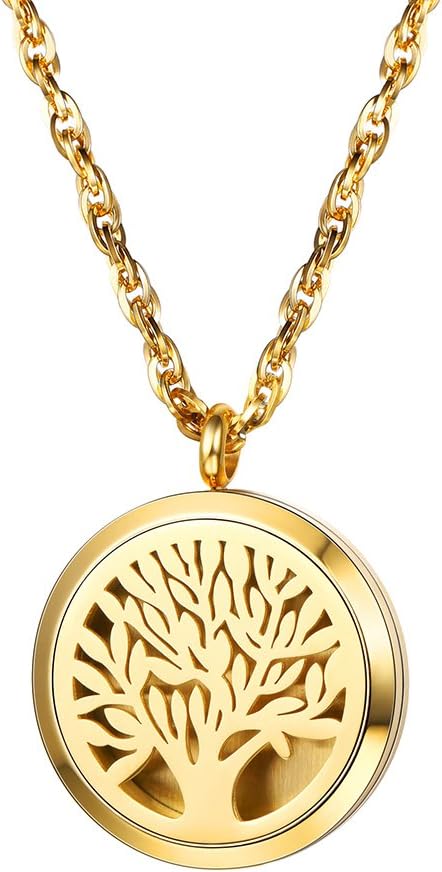 PROSTEEL Tree of Life Locket Essential Oil Diffuser Perfume Necklace Aromatherapy Necklace,Women Jewelry,18K Real Gold Plated,Valentine Christmas Gift