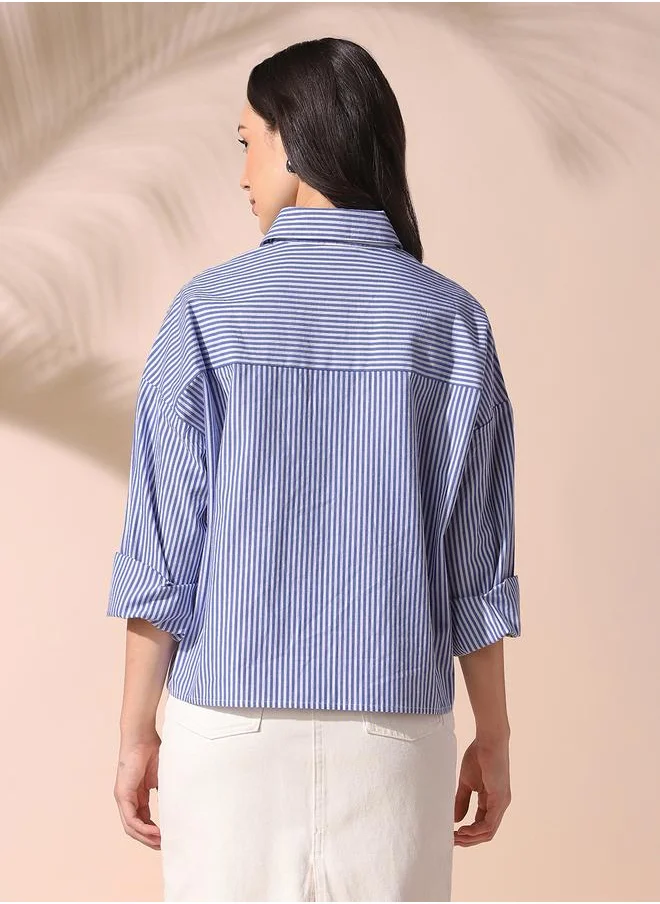 دينيس لينغو Women blue relaxed fit striped full sleeves button down cotton shirts with button closure featuring a spread collar- a fresh take on timeless style.