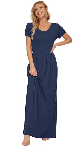 AUSELILY Plus Size Long Dress for Women Spring Casual Short Sleeve Crewneck Empire Waist Maxi Dresses with Pockets 2026 Navy Blue XL - Image 3