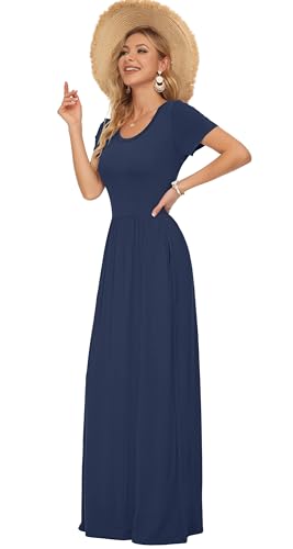 AUSELILY Plus Size Long Dress for Women Spring Casual Short Sleeve Crewneck Empire Waist Maxi Dresses with Pockets 2026 Navy Blue XL - Image 5
