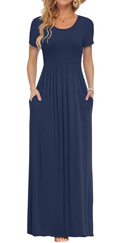 AUSELILY Plus Size Long Dress for Women Spring Casual Short Sleeve Crewneck Empire Waist Maxi Dresses with Pockets 2026 Navy Blue XL - Image 1