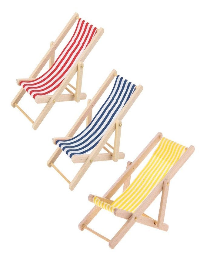 KODORIA 3pcs 1:12 Miniature Foldable Wooden Beach Chair Mini Deck Chair Longue Deck Chair Mini Furniture Accessories with Red/ Blue Stripe for Indoor Outdoor - Image 1
