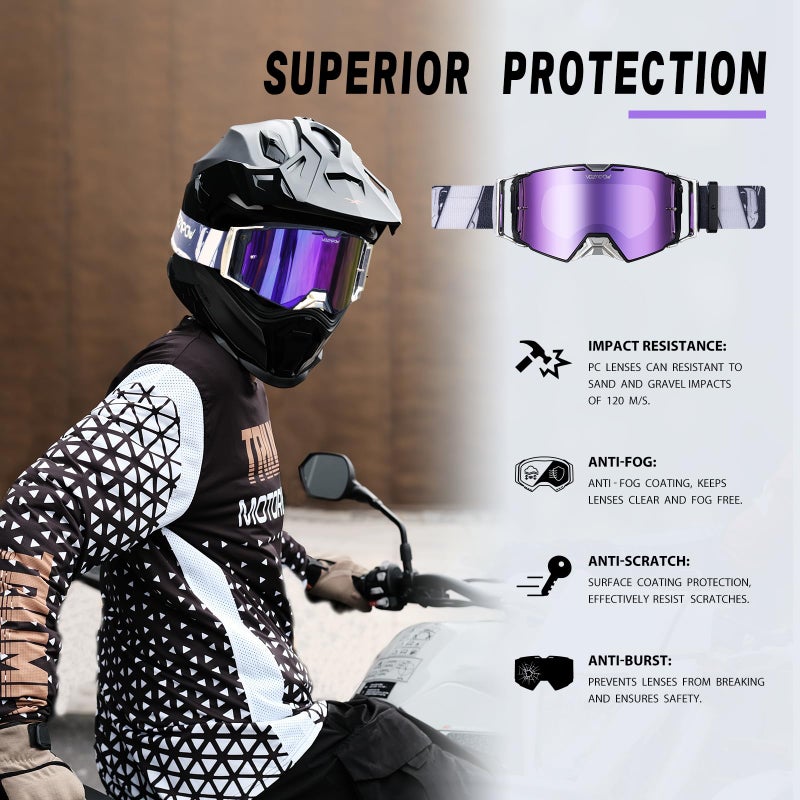 VOZAPOW Dirt Bike Goggles Over Glasses AntiFog Motorcycle Protective Eyewear Motocross Goggles for Men Women - Image 4