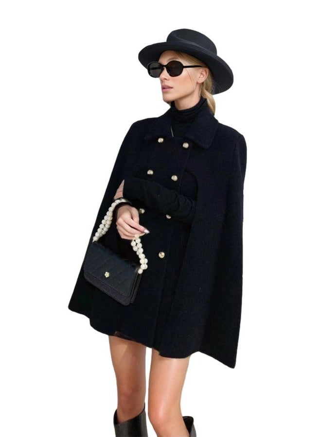 CHARTOU Women's Elegant Poncho Double-Breast Slit Sleeve Flowy Wool Blend Cape Cloak Coat (Small, Black) - Image 2