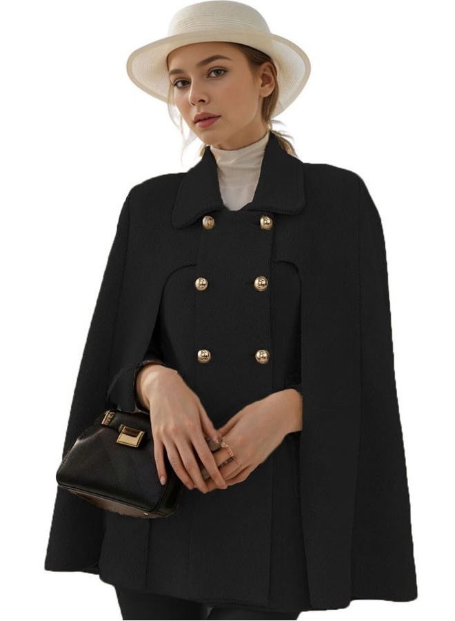 CHARTOU Women's Elegant Poncho Double-Breast Slit Sleeve Flowy Wool Blend Cape Cloak Coat (Small, Black) - Image 1