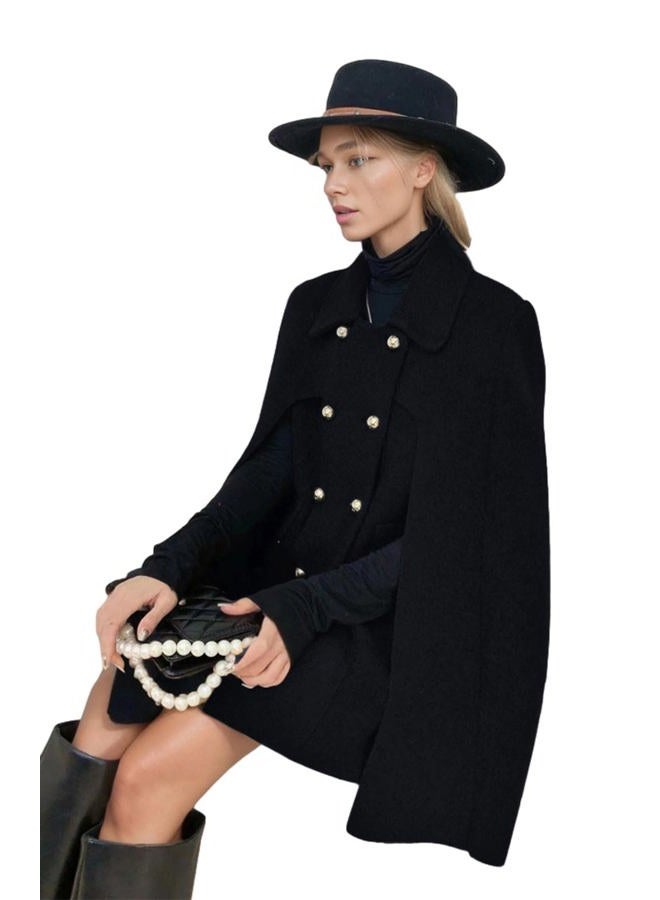 CHARTOU Women's Elegant Poncho Double-Breast Slit Sleeve Flowy Wool Blend Cape Cloak Coat (Small, Black) - Image 3
