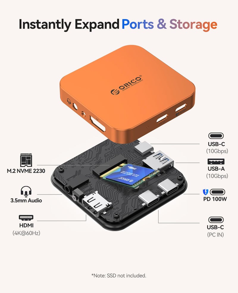Orico محطة إرساء مغناطيسية ORICO M.2 بسرعة 10Gbps، مركز USB C 6 في 1 وحاوية M.2 2230 NVMe مع HDMI 4K@60Hz، AUX، شحن بقدرة 100W PD للآيفون/ماك بوك/آيباد MG5 - Image 1