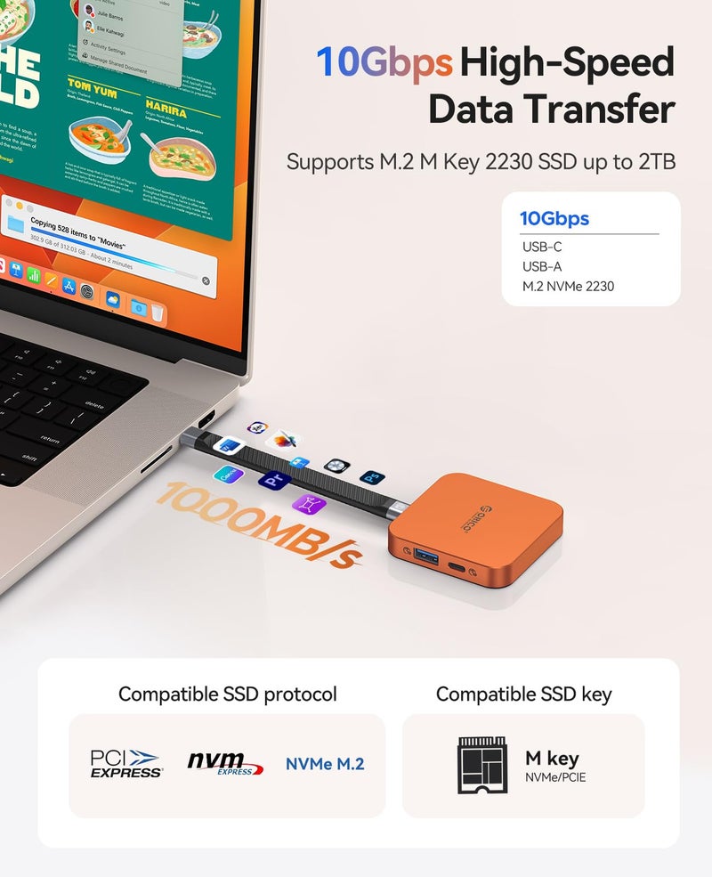 Orico محطة إرساء مغناطيسية ORICO M.2 بسرعة 10Gbps، مركز USB C 6 في 1 وحاوية M.2 2230 NVMe مع HDMI 4K@60Hz، AUX، شحن بقدرة 100W PD للآيفون/ماك بوك/آيباد MG5 - Image 4