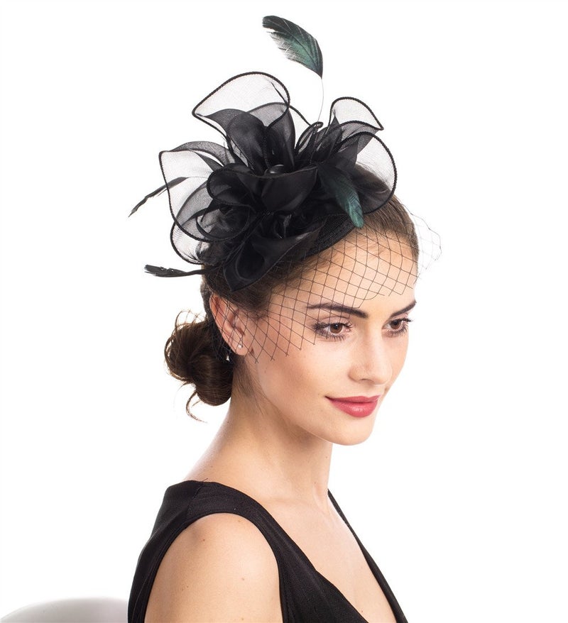 SAFERIN Fascinators Hat Sinamay Flower Mesh Feathers on a Headband and a Clip Tea Party Headwear for Girls and Women (TA2-Floral Mesh Black) - Image 1