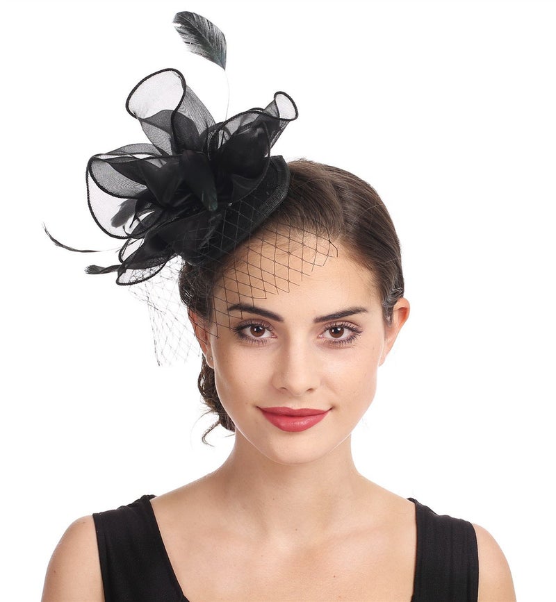 SAFERIN Fascinators Hat Sinamay Flower Mesh Feathers on a Headband and a Clip Tea Party Headwear for Girls and Women (TA2-Floral Mesh Black) - Image 4
