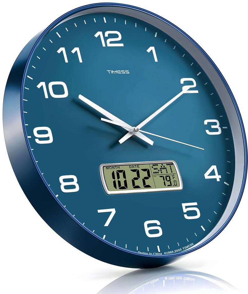 TIMESS Wall Clock, 12" Dial Non-Ticking Silent Battery Operated Analog with LCD Display for Perpetual Calendar and FÂ° Temperature, Ideal Modern Home, Bedroom, Kitchen, Office Decor (Blue) - Image 5
