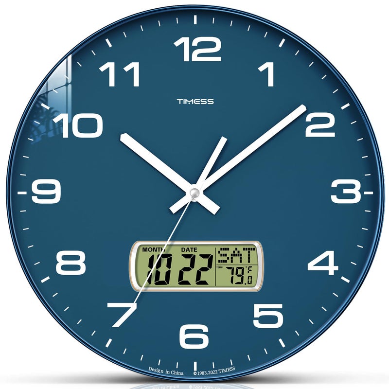 TIMESS Wall Clock, 12" Dial Non-Ticking Silent Battery Operated Analog with LCD Display for Perpetual Calendar and FÂ° Temperature, Ideal Modern Home, Bedroom, Kitchen, Office Decor (Blue) - Image 1