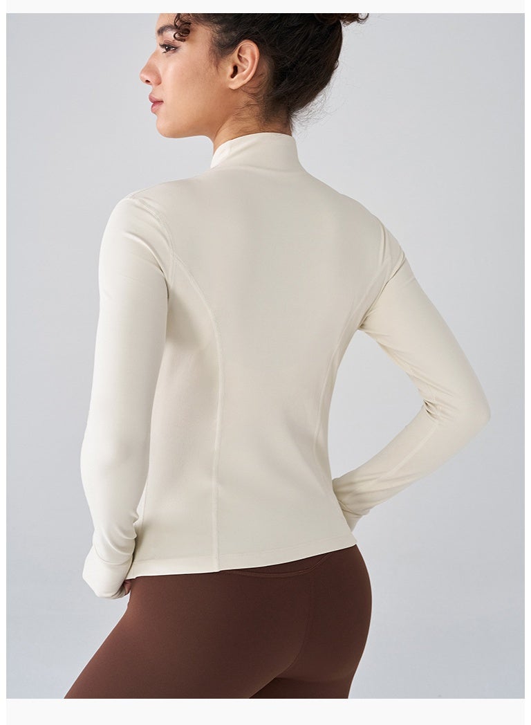 النساء الأكمام الطويلة رقيقة تناسب الوقوف طوق حماية الشمس سترة رياضية تنفس بدلة اليوغا بيج - Image 2