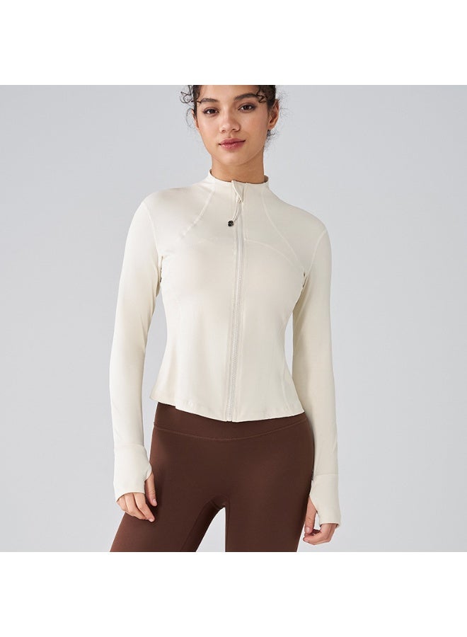 النساء الأكمام الطويلة رقيقة تناسب الوقوف طوق حماية الشمس سترة رياضية تنفس بدلة اليوغا بيج - Image 1